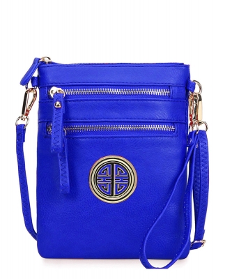 Women's Rich Faux Leather Organizer Multi Zipper Pockets Crossbody Bag WU002L RBLUE